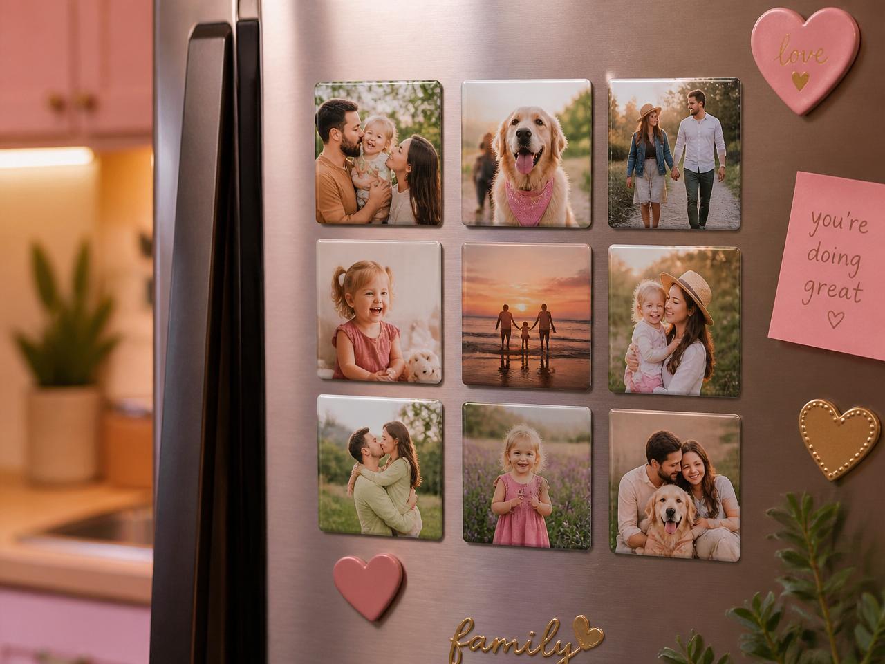 Geladeira decorada com foto ímãs de família